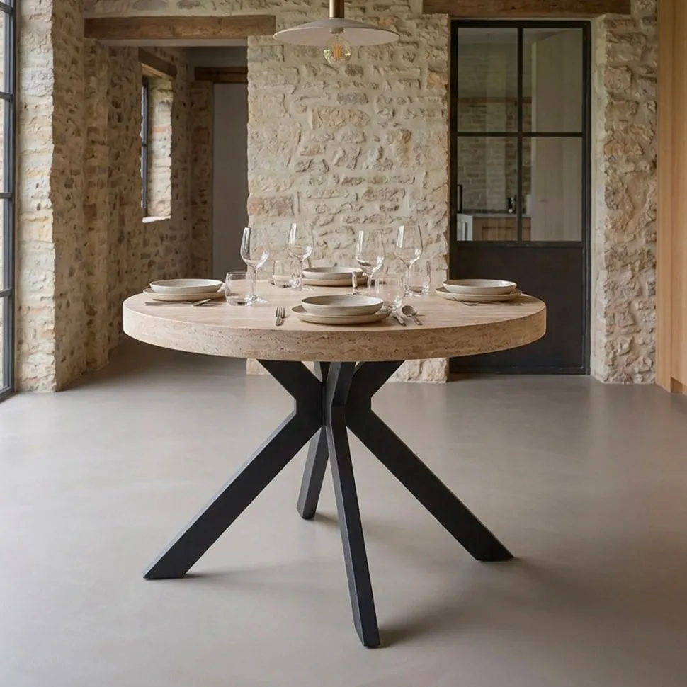 Table ronde extensible 110-260cm Myriade Effet travertin Beige et Noir