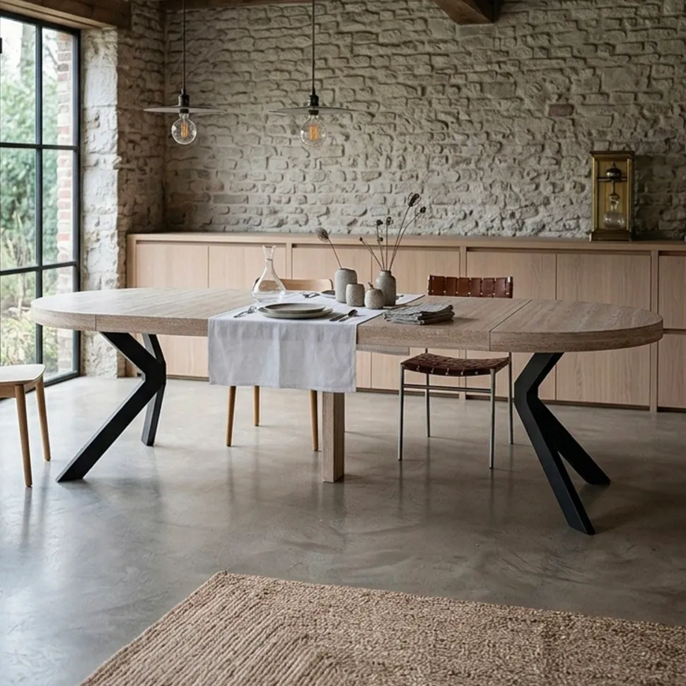 Table ronde extensible 110-260cm Myriade Effet travertin Beige et Noir