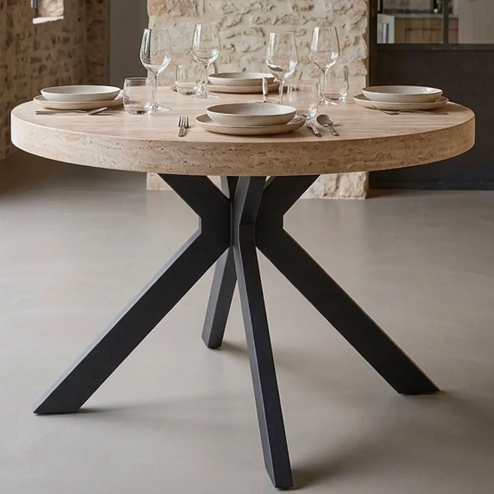 Table ronde extensible 110-260cm Myriade Effet travertin Beige et Noir