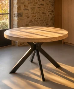 Table ronde extensible 110-260cm Myriade Effet travertin Beige et Noir