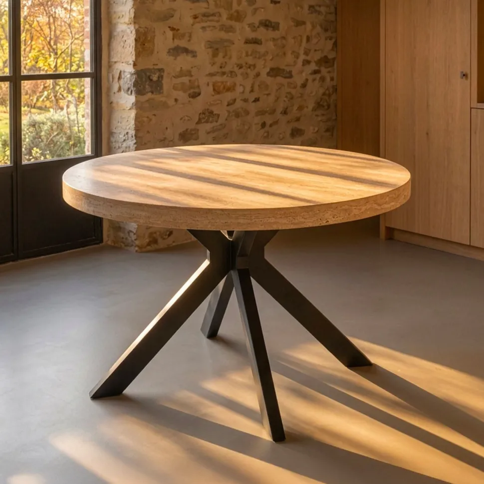 Table ronde extensible 110-260cm Myriade Effet travertin Beige et Noir