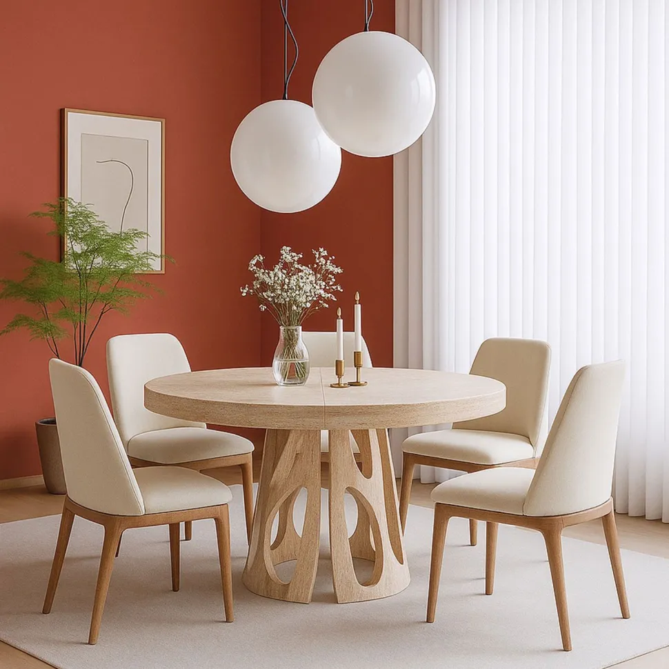 Table ronde extensible Lawina L110-260cm avec pieds design Effet travertin Beige