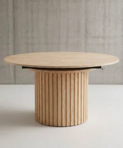 Table ronde extensible pied central style colonne Burkina 120-160cm Effet travertin Beige