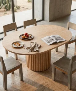 Table ronde extensible pied central style colonne Burkina 120-160cm Effet travertin Beige