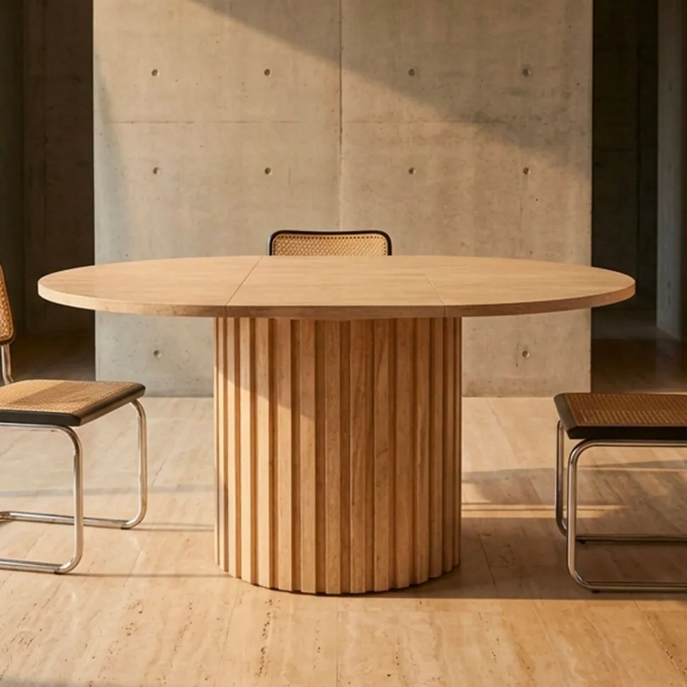 Table ronde extensible pied central style colonne Burkina 120-160cm Effet travertin Beige
