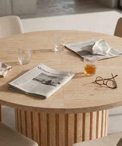 Table ronde extensible pied central style colonne Burkina 120-160cm Effet travertin Beige