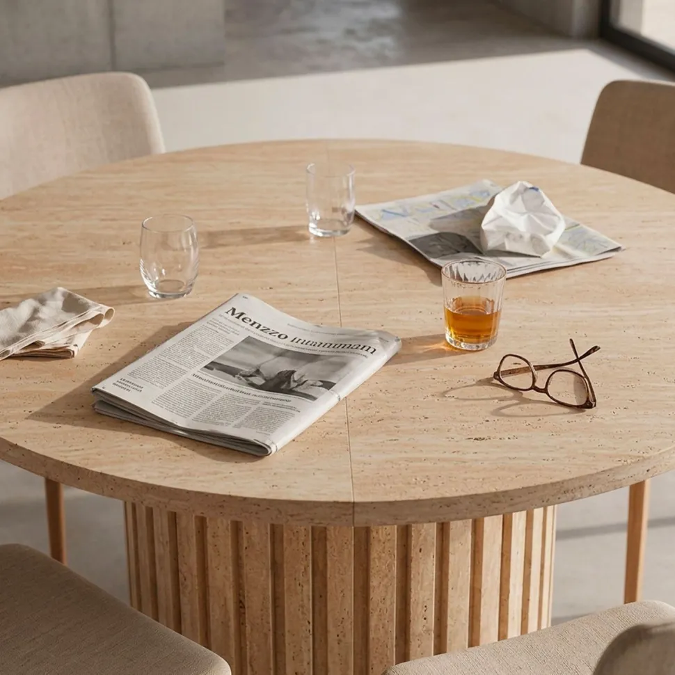 Table ronde extensible pied central style colonne Burkina 120-160cm Effet travertin Beige