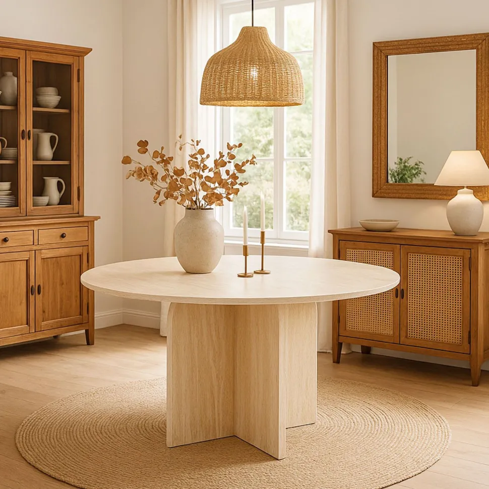 Table ronde élégante 120cm Calyptus Effet travertin Beige