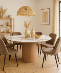 Table ronde moderne 120cm Églantine Céramique effet marbre blanc et pied colonne strié