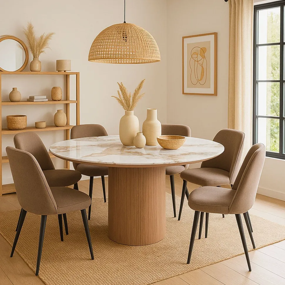Table ronde moderne 120cm Églantine Céramique effet marbre blanc et pied colonne strié