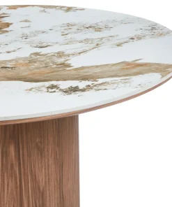 Table ronde moderne 120cm Églantine Céramique effet marbre blanc et pied colonne strié
