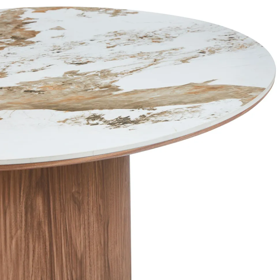 Table ronde moderne 120cm Églantine Céramique effet marbre blanc et pied colonne strié