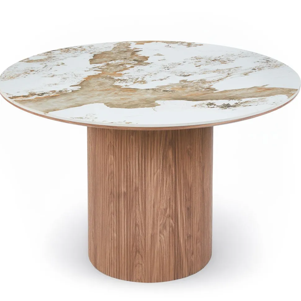 Table ronde moderne 120cm Églantine Céramique effet marbre blanc et pied colonne strié