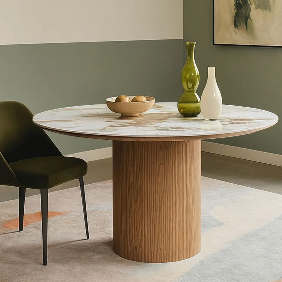 Table ronde moderne 120cm Églantine Céramique effet marbre blanc et pied colonne strié