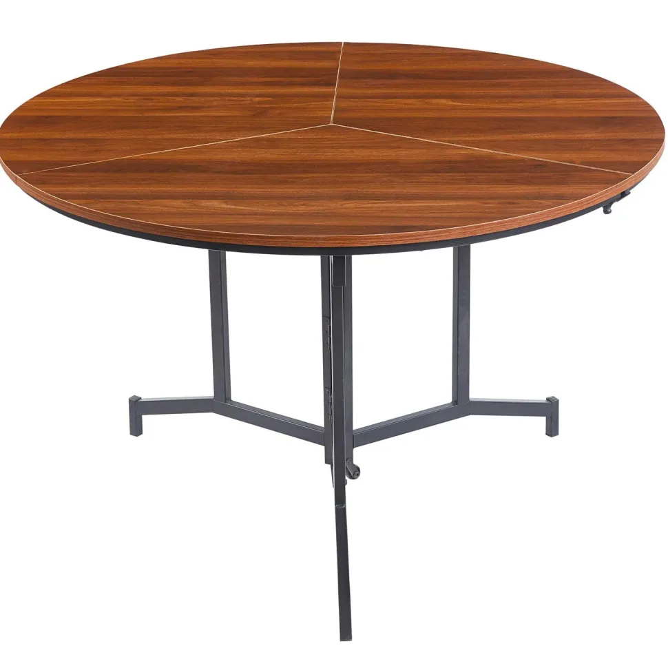 Table ronde pliable gain de place Cokelio 120cm Métal et plateau 3 parties Bois Noisette