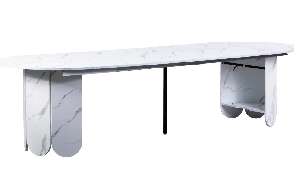 Table ronde style japandi extensible 310cm Tulipa rallonges intégrées Effet marbre Blanc