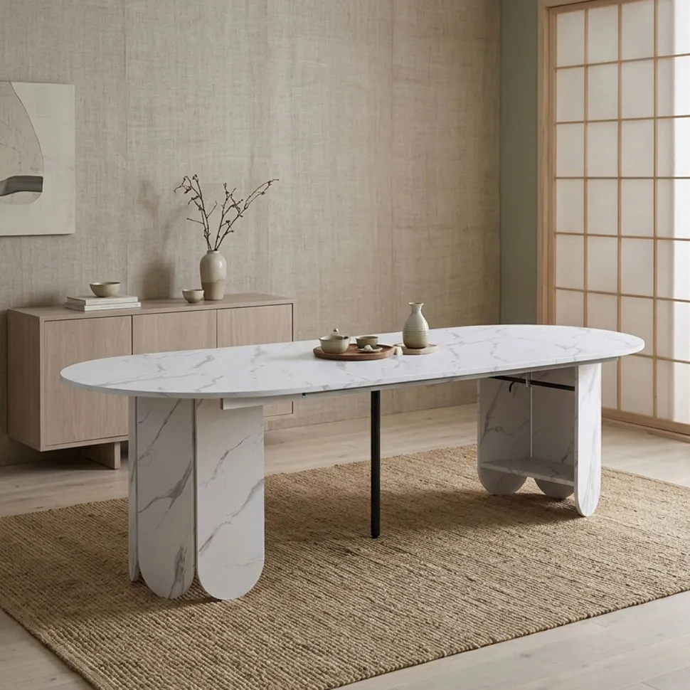Table ronde style japandi extensible 310cm Tulipa rallonges intégrées Effet marbre Blanc