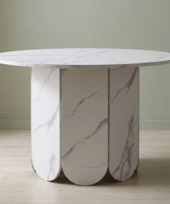 Table ronde style japandi extensible 310cm Tulipa rallonges intégrées Effet marbre Blanc