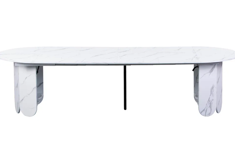 Table ronde style japandi extensible 310cm Tulipa rallonges intégrées Effet marbre Blanc