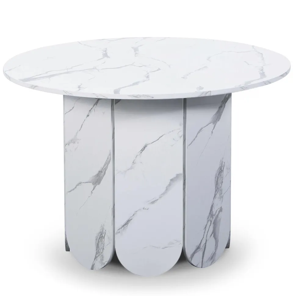 Table ronde style japandi extensible 310cm Tulipa rallonges intégrées Effet marbre Blanc