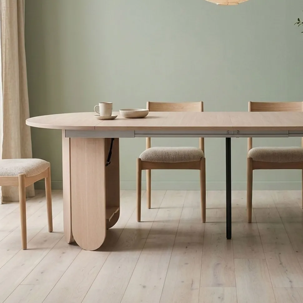 Table ronde style japandi extensible 310cm Tulipa rallonges intégrées Bois clair