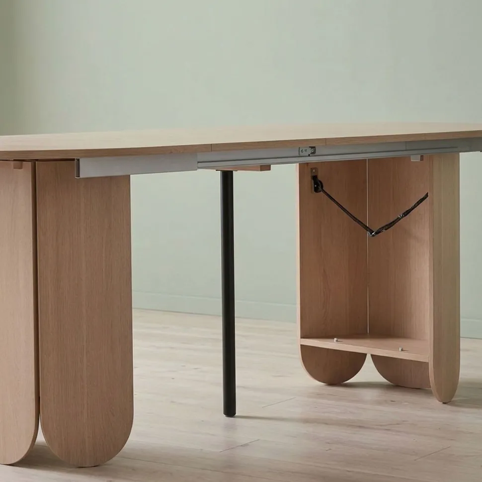 Table ronde style japandi extensible 310cm Tulipa rallonges intégrées Bois clair