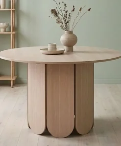 Table ronde style japandi extensible 310cm Tulipa rallonges intégrées Bois clair