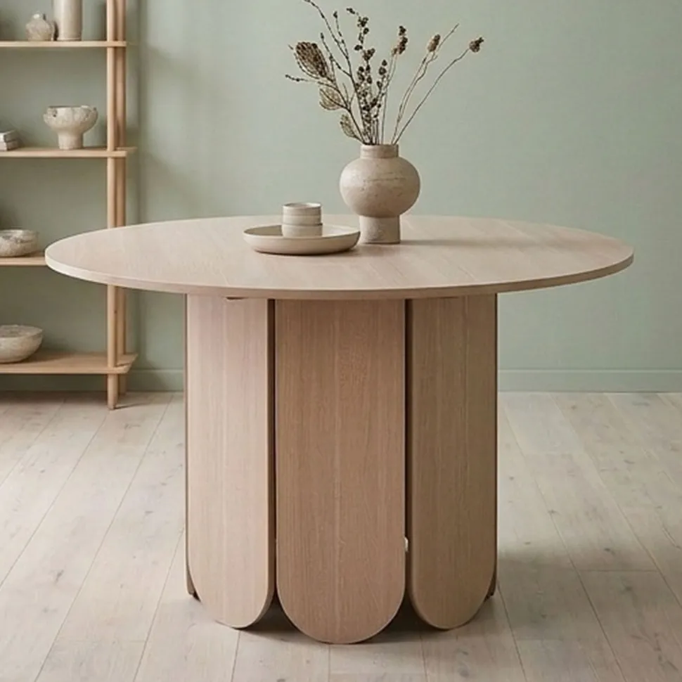Table ronde style japandi extensible 310cm Tulipa rallonges intégrées Bois clair