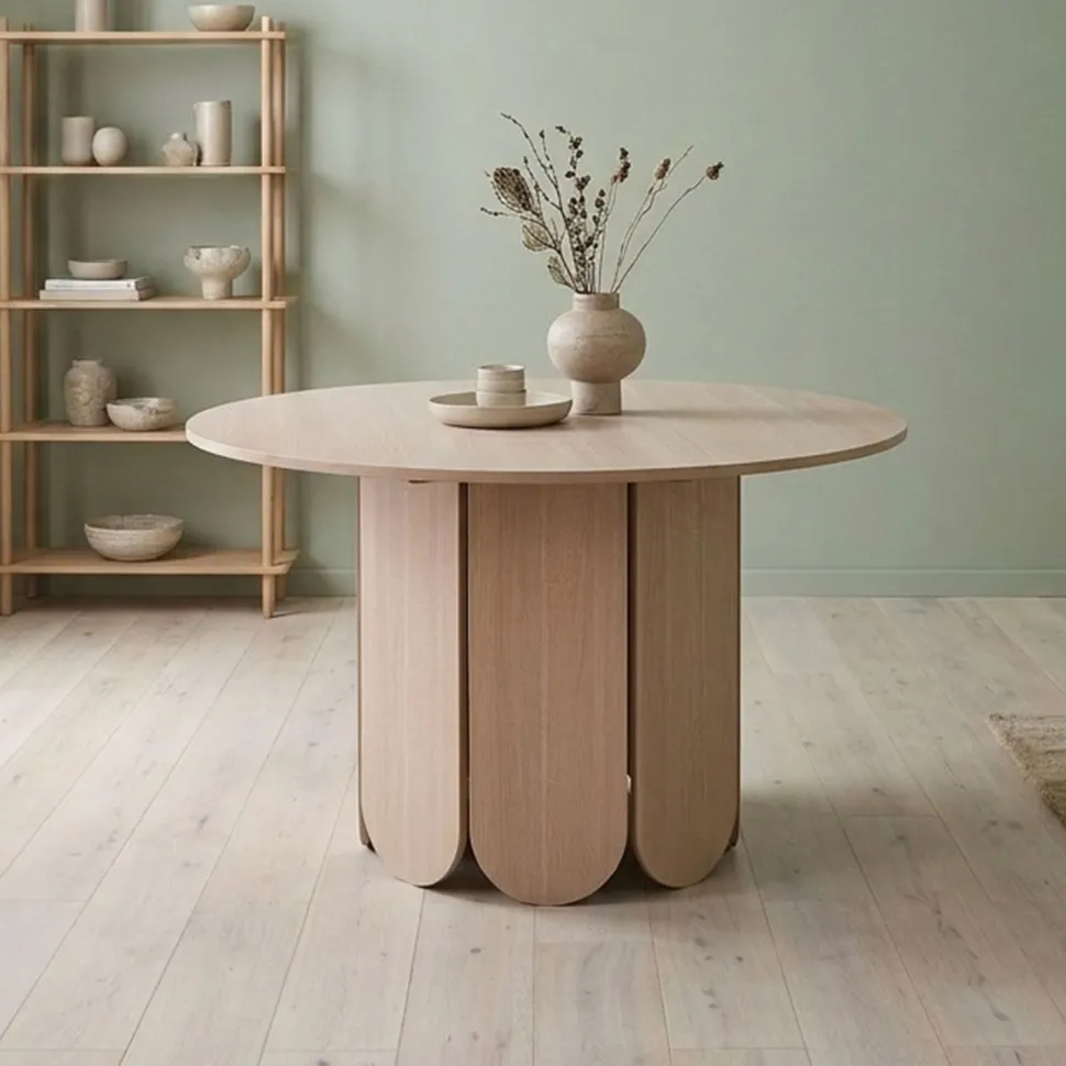 Table ronde style japandi extensible 310cm Tulipa rallonges intégrées Bois clair