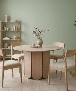 Table ronde style japandi extensible 310cm Tulipa rallonges intégrées Bois clair