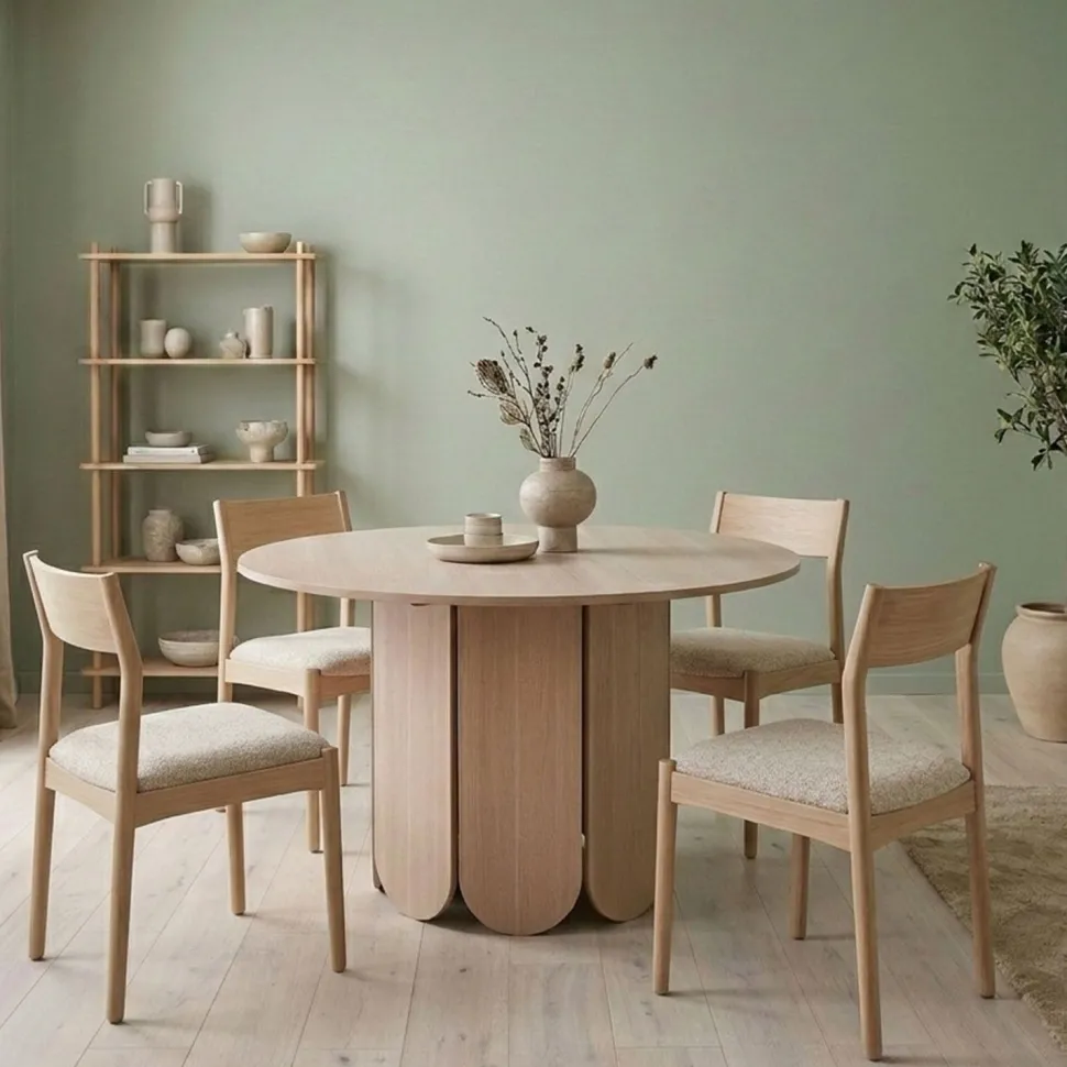 Table ronde style japandi extensible 310cm Tulipa rallonges intégrées Bois clair