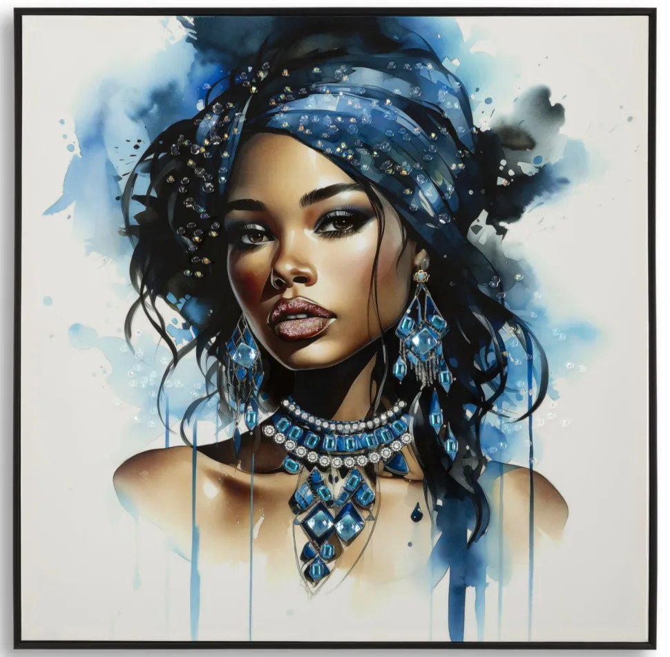 Tableau Altea cadre en bois massif et métal décor femme turban bleu