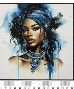 Tableau Altea cadre en bois massif et métal décor femme turban bleu