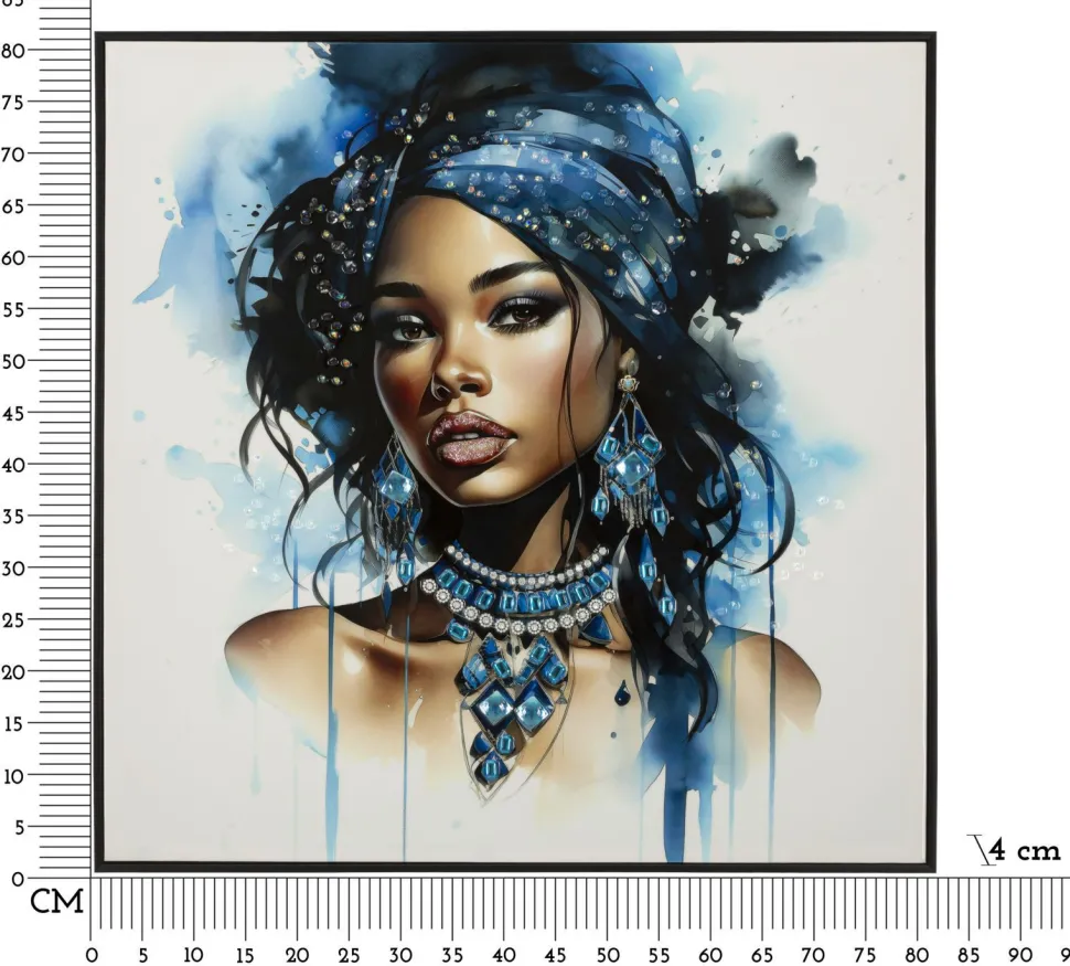 Tableau Altea cadre en bois massif et métal décor femme turban bleu