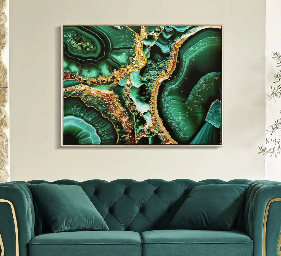 Tableau Laquared en toile avec cadre bois et métal doré applications en relief