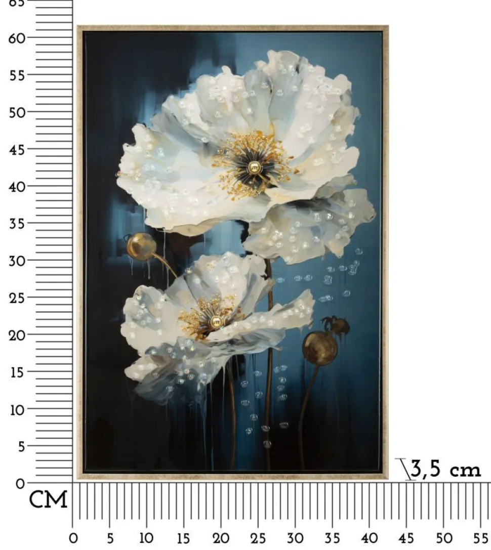 Tableau mural encadré peinture sur toile cadre bois naturel et métal doré bleu
