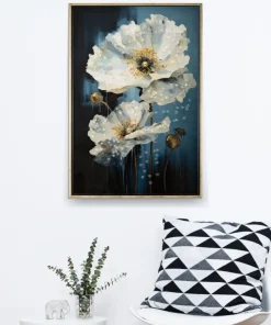 Tableau mural encadré peinture sur toile cadre bois naturel et métal doré bleu