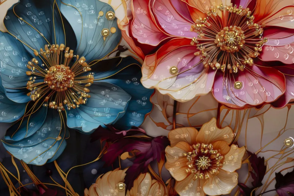 Tableau mural fleurs multicolores toile cadre bois et métal noir