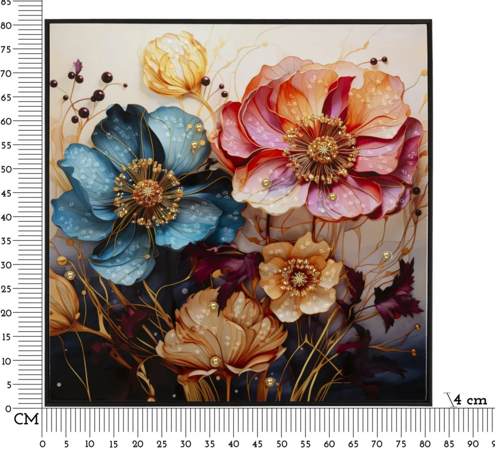 Tableau mural fleurs multicolores toile cadre bois et métal noir