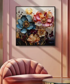 Tableau mural fleurs multicolores toile cadre bois et métal noir