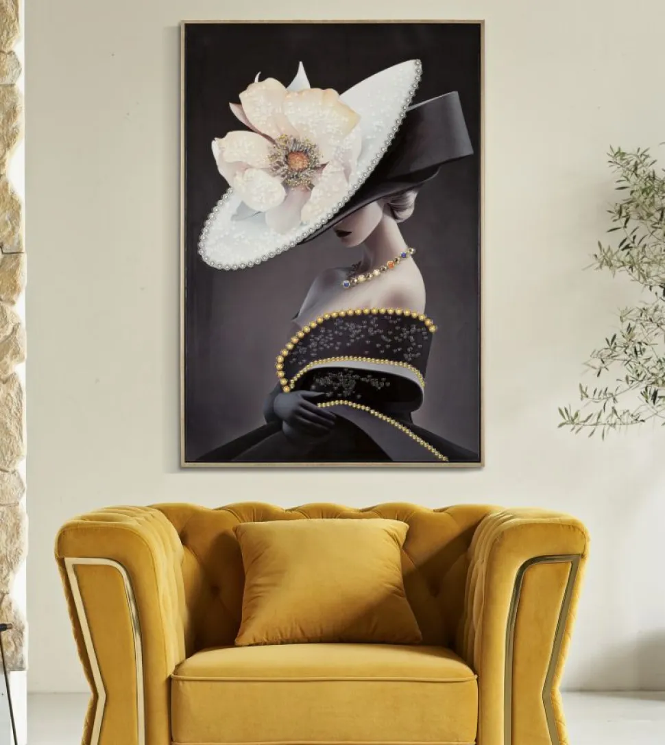Tableau mural Wien Femme au chapeau cadre en bois massif et métal doré