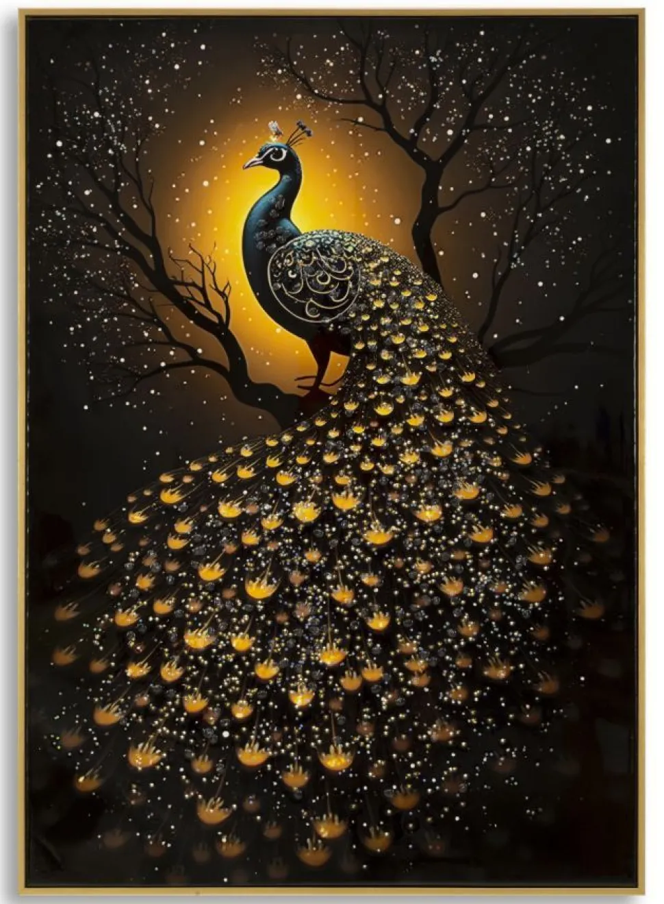 Tableau Paon Laqué sur Toile avec Cadre Doré