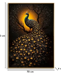 Tableau Paon Laqué sur Toile avec Cadre Doré