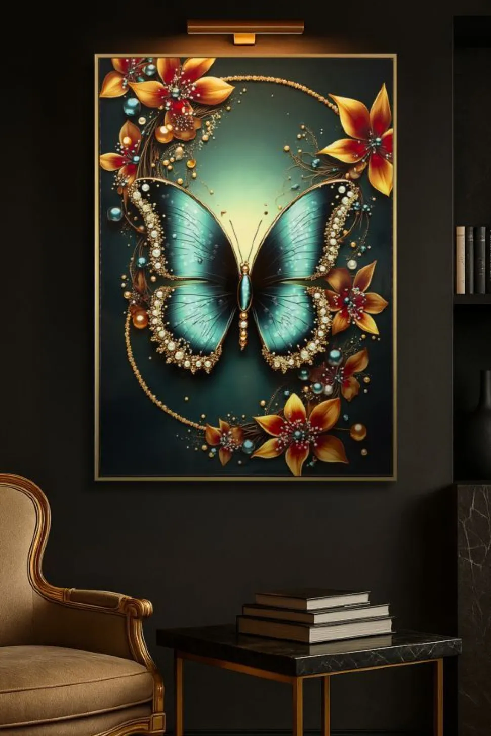 Tableau Papillon Turquoise avec Fleurs Lumineuses
