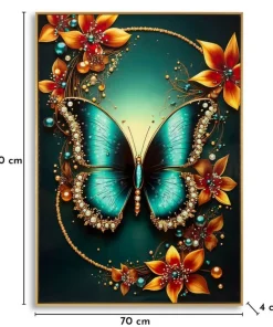 Tableau Papillon Turquoise avec Fleurs Lumineuses