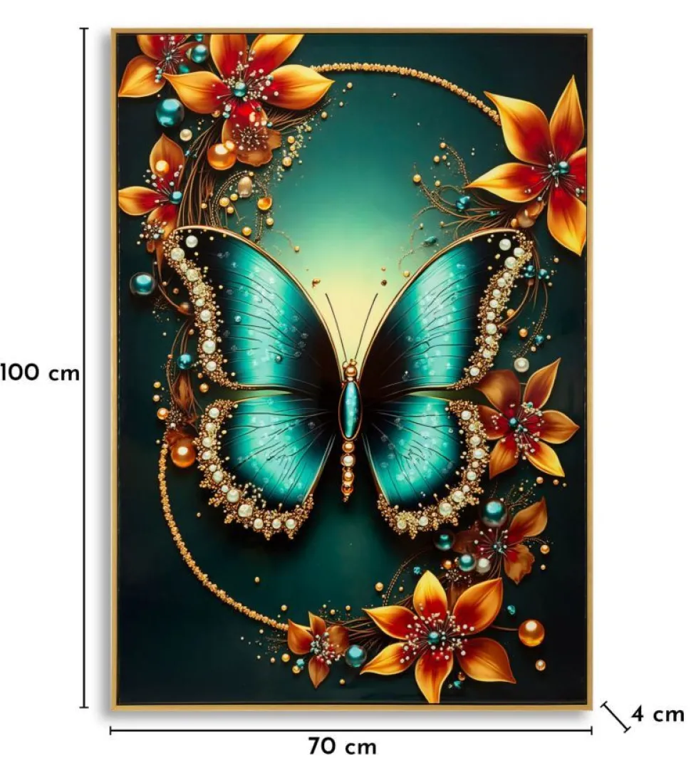 Tableau Papillon Turquoise avec Fleurs Lumineuses