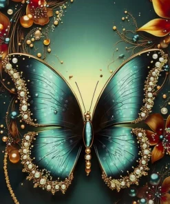 Tableau Papillon Turquoise avec Fleurs Lumineuses