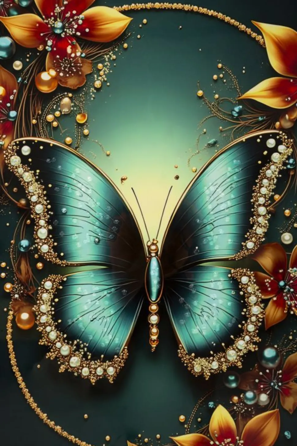 Tableau Papillon Turquoise avec Fleurs Lumineuses