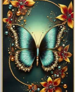 Tableau Papillon Turquoise avec Fleurs Lumineuses