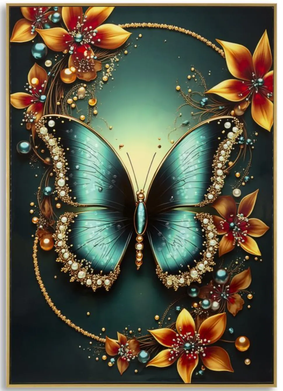 Tableau Papillon Turquoise avec Fleurs Lumineuses